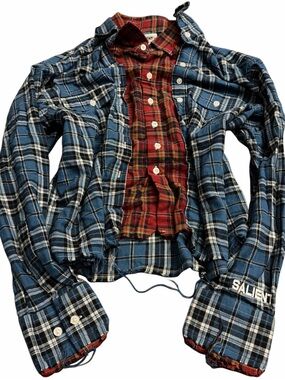 Salient by Wusu Blue Plaid Layered Flannel Shirt with Red Plaid Inner Cotton S